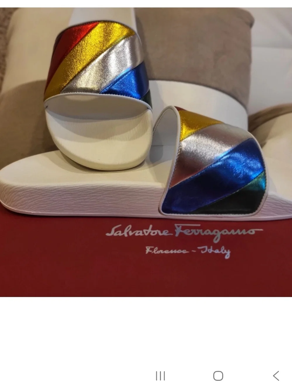 Salvatore Ferragamo Groove Multicolor Rainbow Leathr Metallic Slides Size 9M NWB